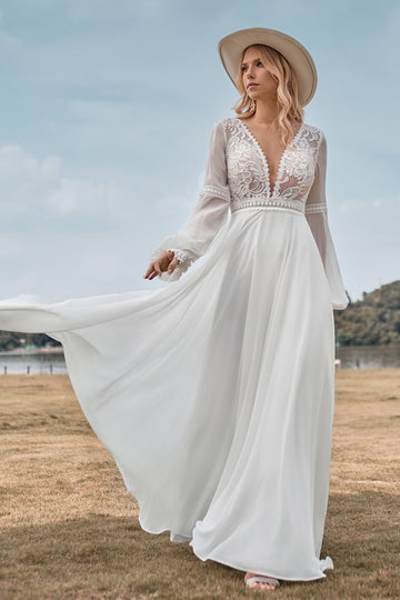 Lange ermer Ivory A Line brudekjole med blonder